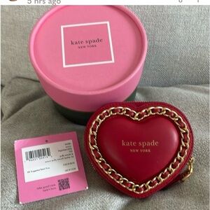 Kate Spade Amour red leather heart coin case with gold chain detail with box
